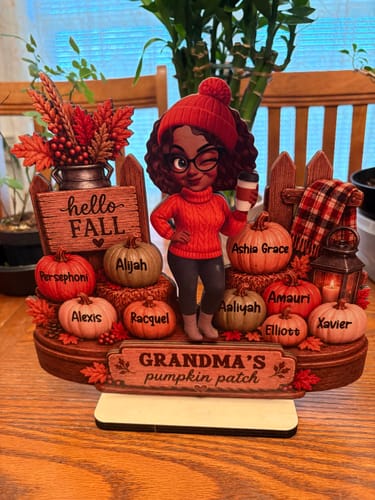 Customer's Hello Fall Grandma's Pumpkin Patch wooden plaque, customized with nine named pumpkins for her grandchildren.