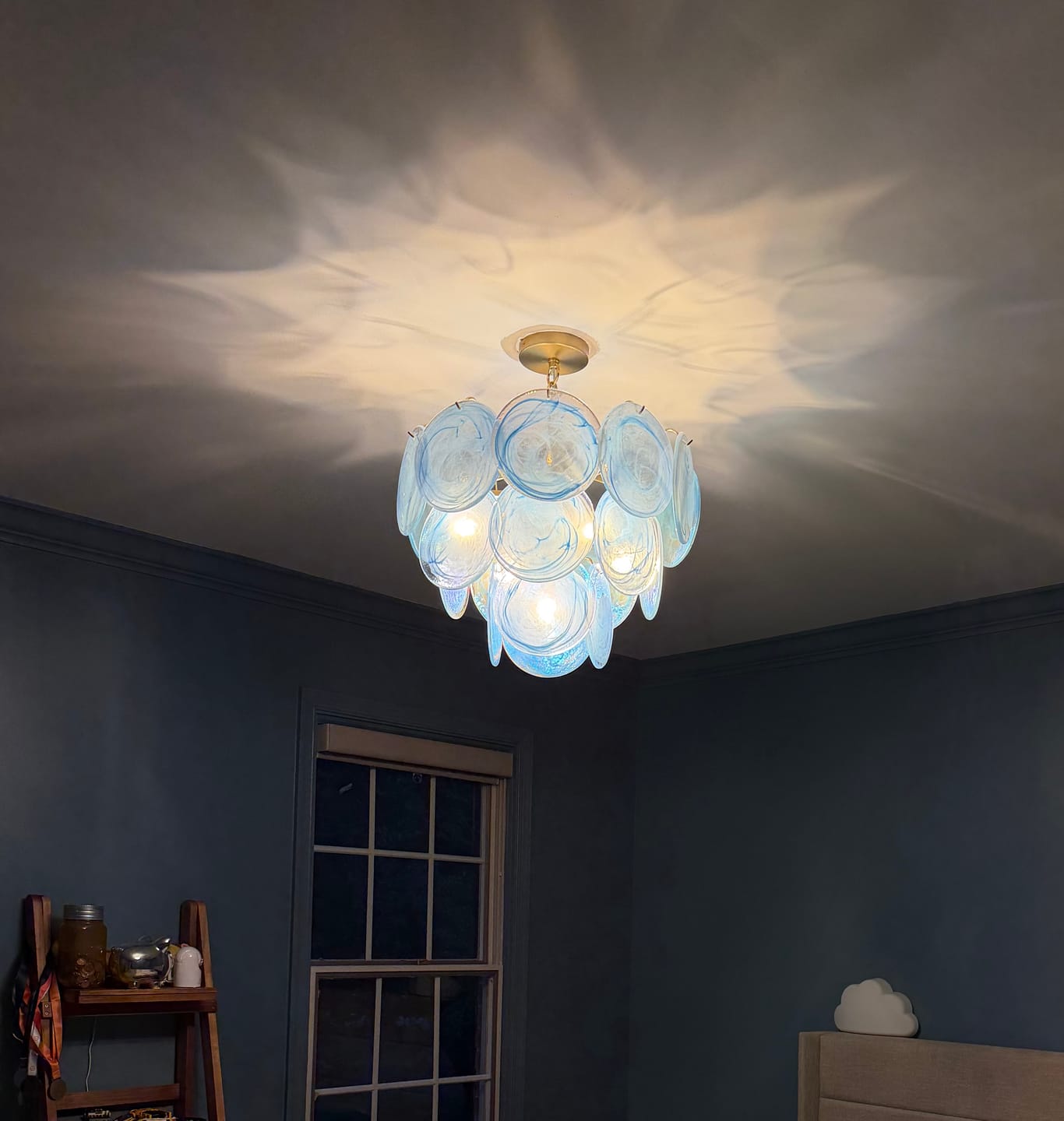 Customer photo review of Glam Blue Iridescent Swirl Glass Round Tiered Chandelier
