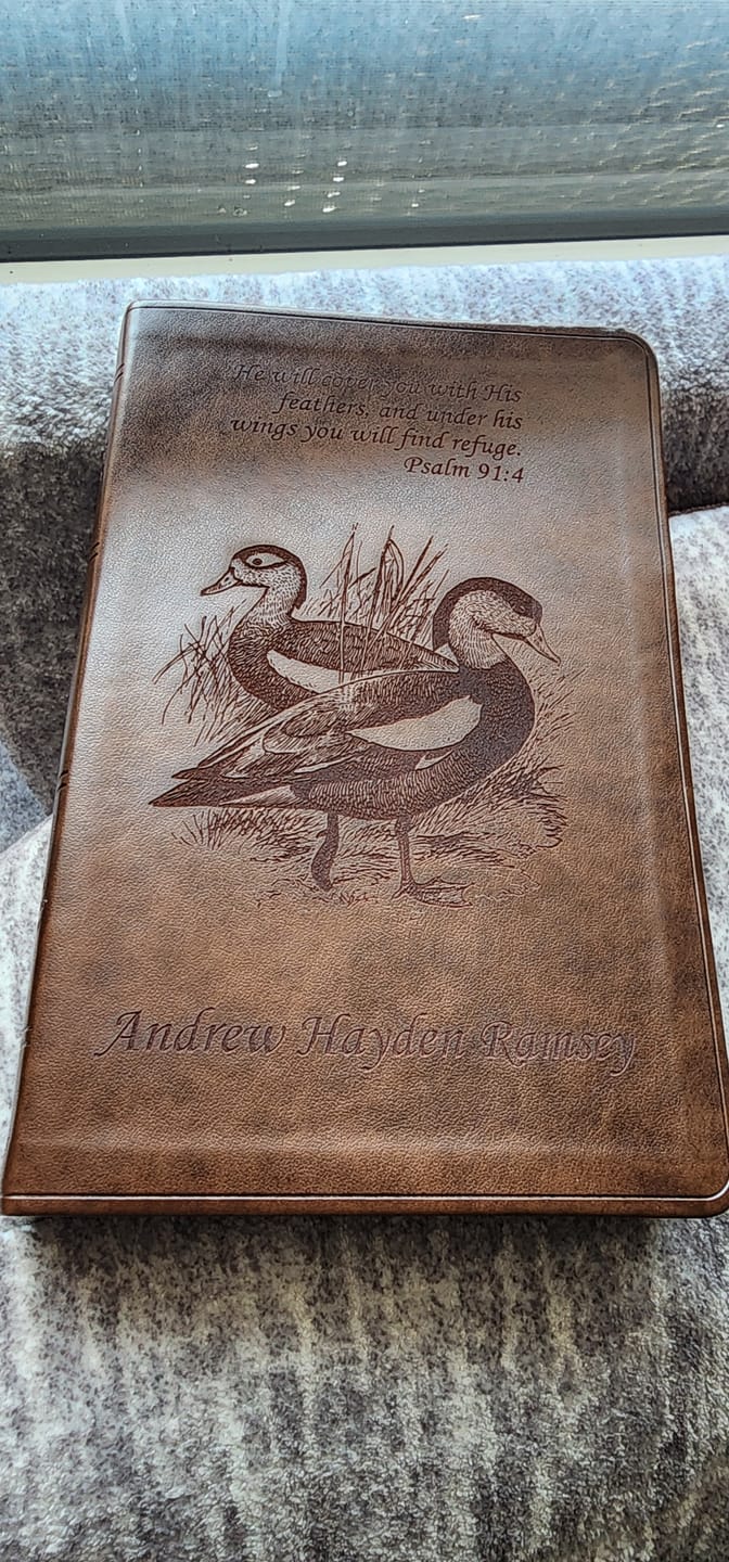 Customer photo review of Personalized ESV Brown Bible - Engraved Duck and Psalm 91:4 Design