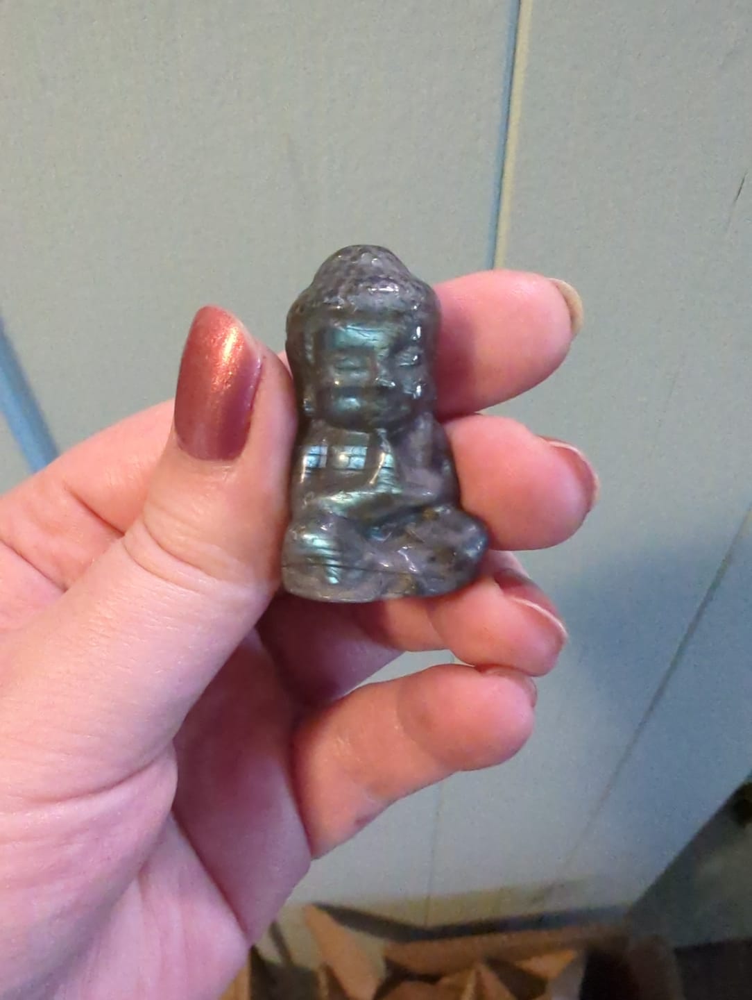 Customer photo review of Natural Crystal Labradorite Baby Buddha Carving