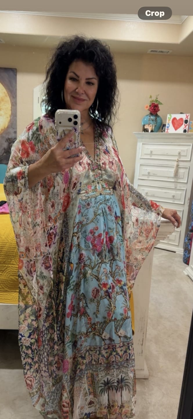 Customer photo review of Floral Bird Silk Caftan Dress