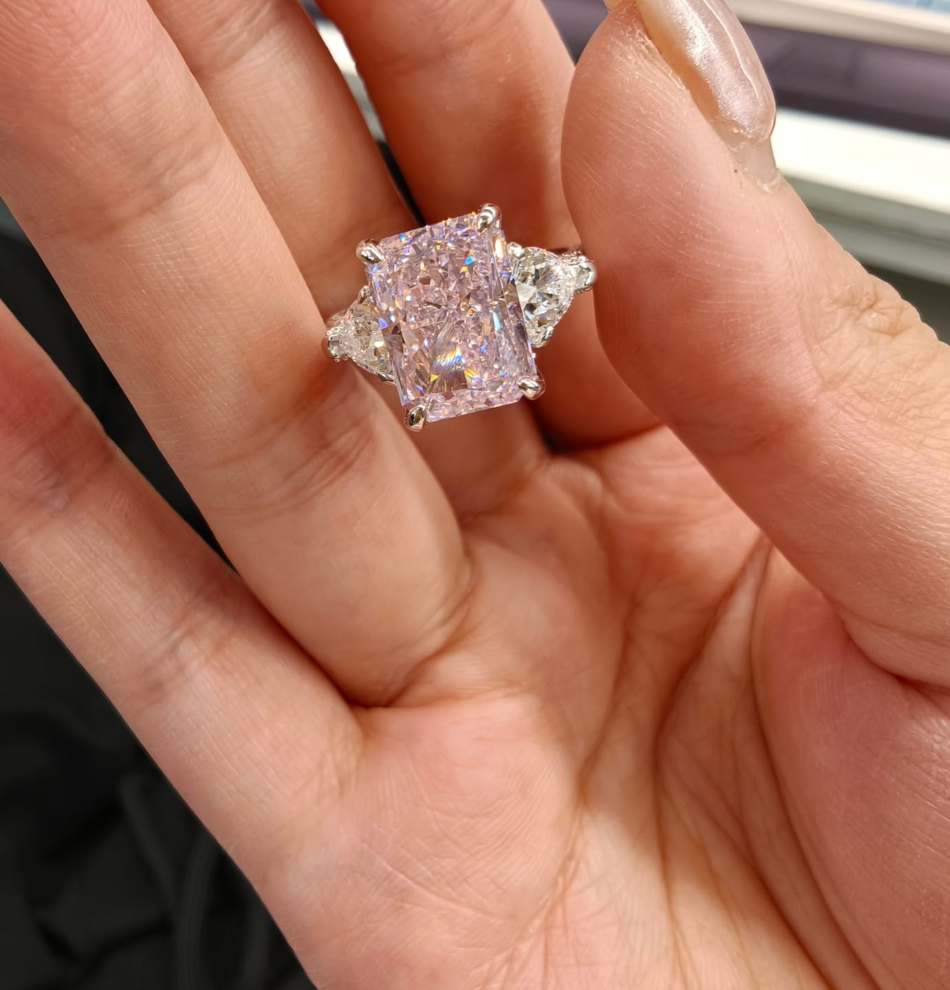 Customer photo review of S925 5.0Ct Pink/White Stone Radiant Cut Three Stone Engagement Ring Anniversary Ring For Women