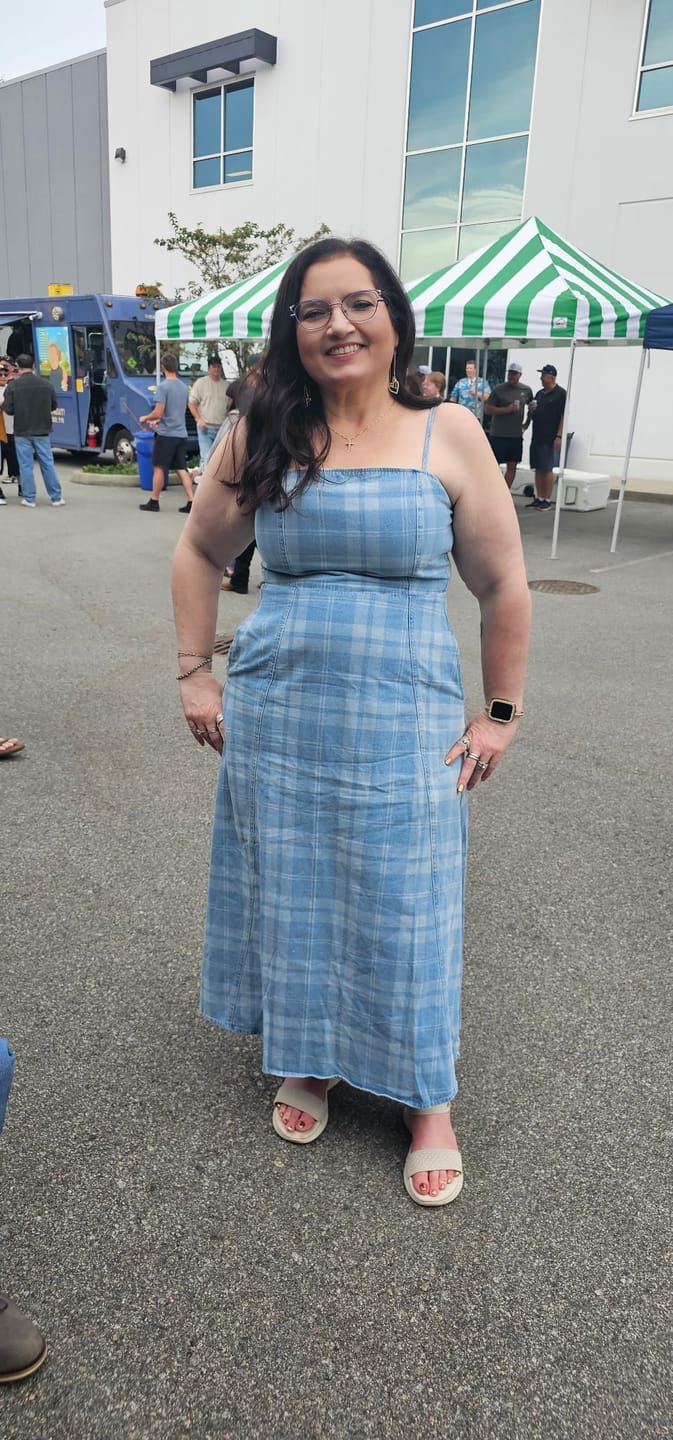 Customer photo review of Plaid Denim Spaghetti Strap Midi Dress FINAL SALE