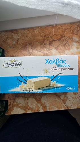 Customer's box of Agrifreda Halvas with vanilla, showing the product name and a serving illustration on the packaging.