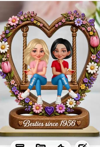 Customer's Besties Sister Floral Swing plaque, featuring two custom figures sitting on a wooden heart swing