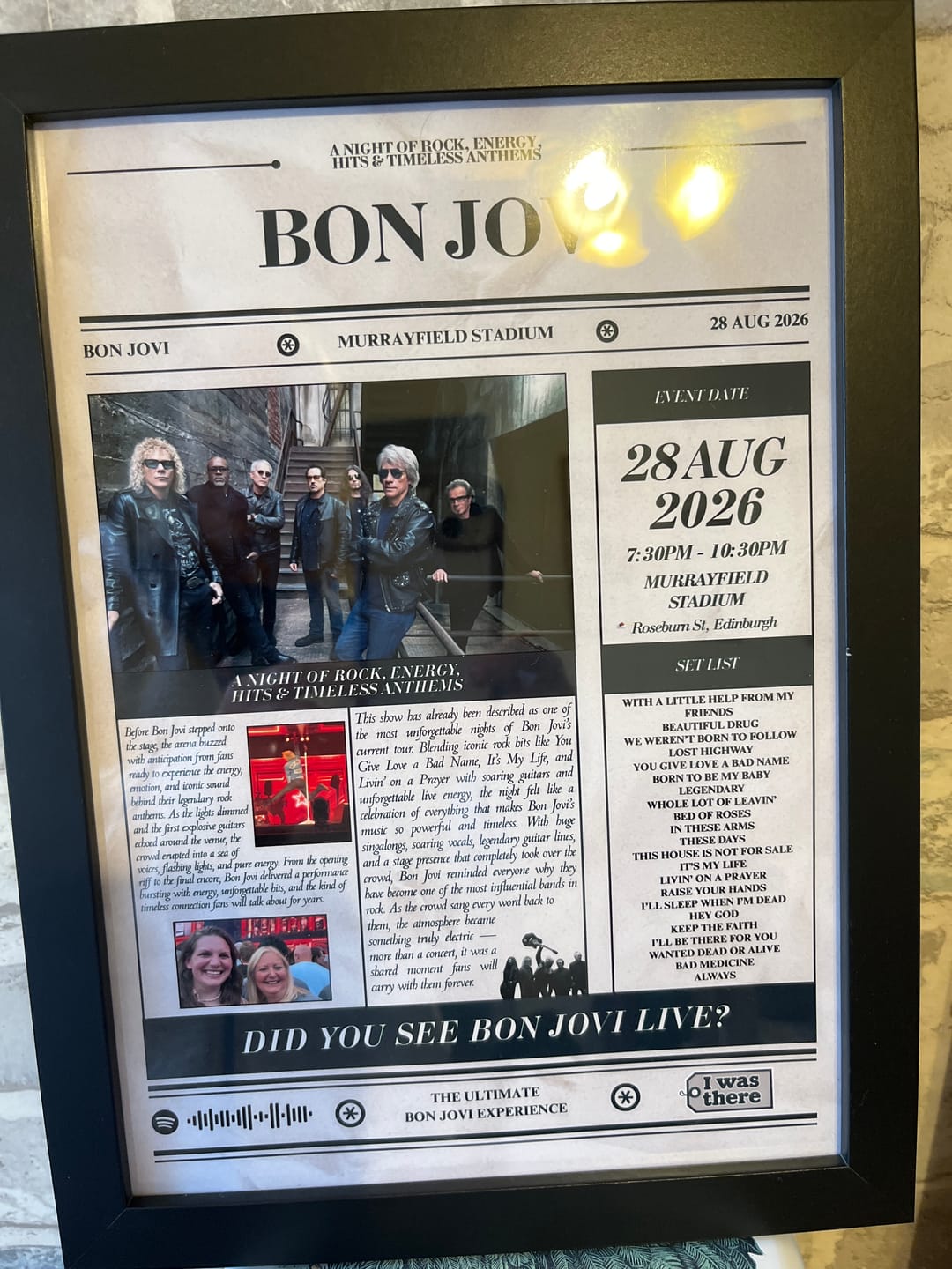 Customer photo review of Bon Jovi - Personalised Newspaper Style Concert Poster