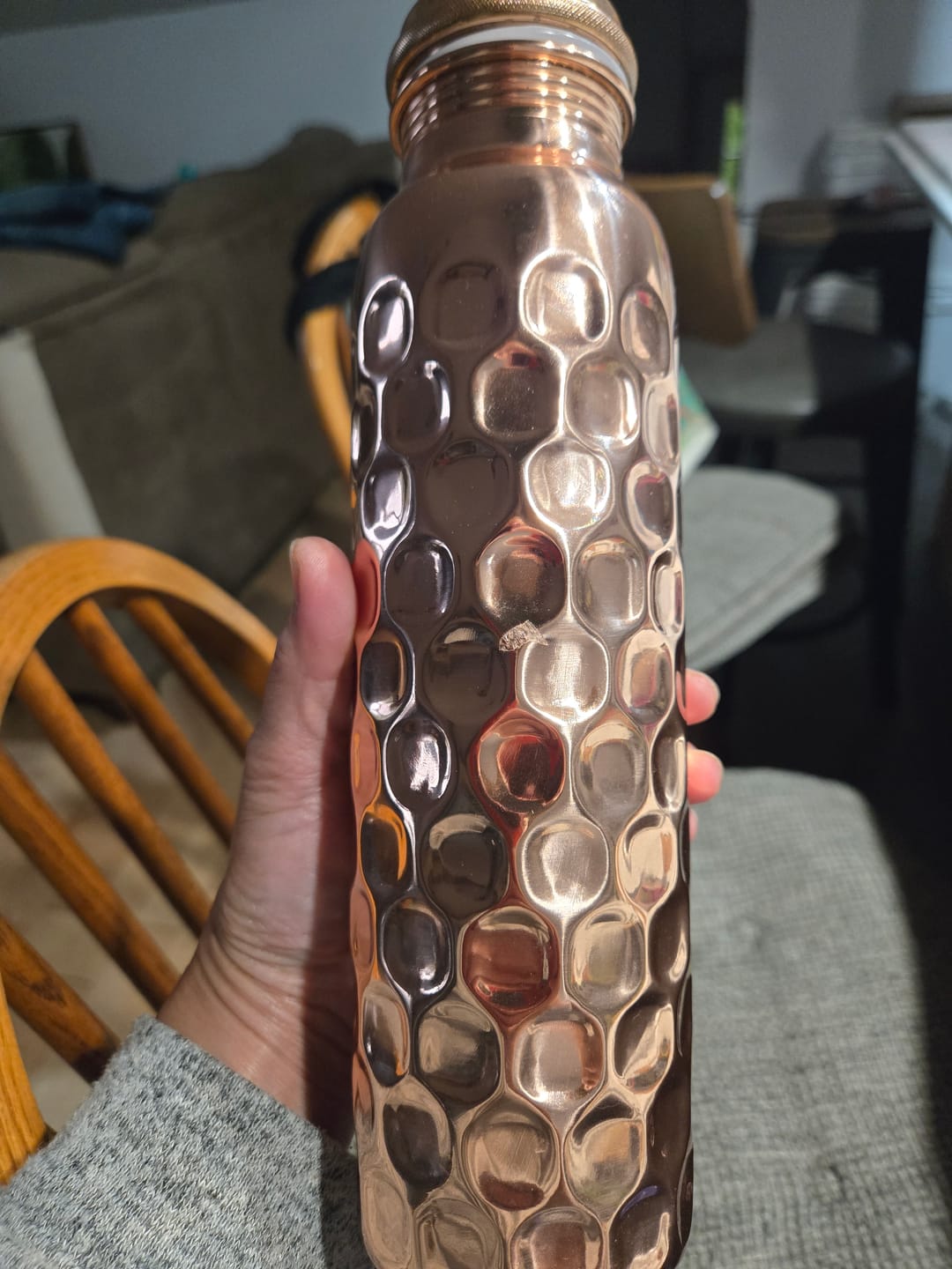 Customer photo review of Special Edition Diamond-Cut Honeycomb Copper Water Bottle | Textured Anti-Slip Grip