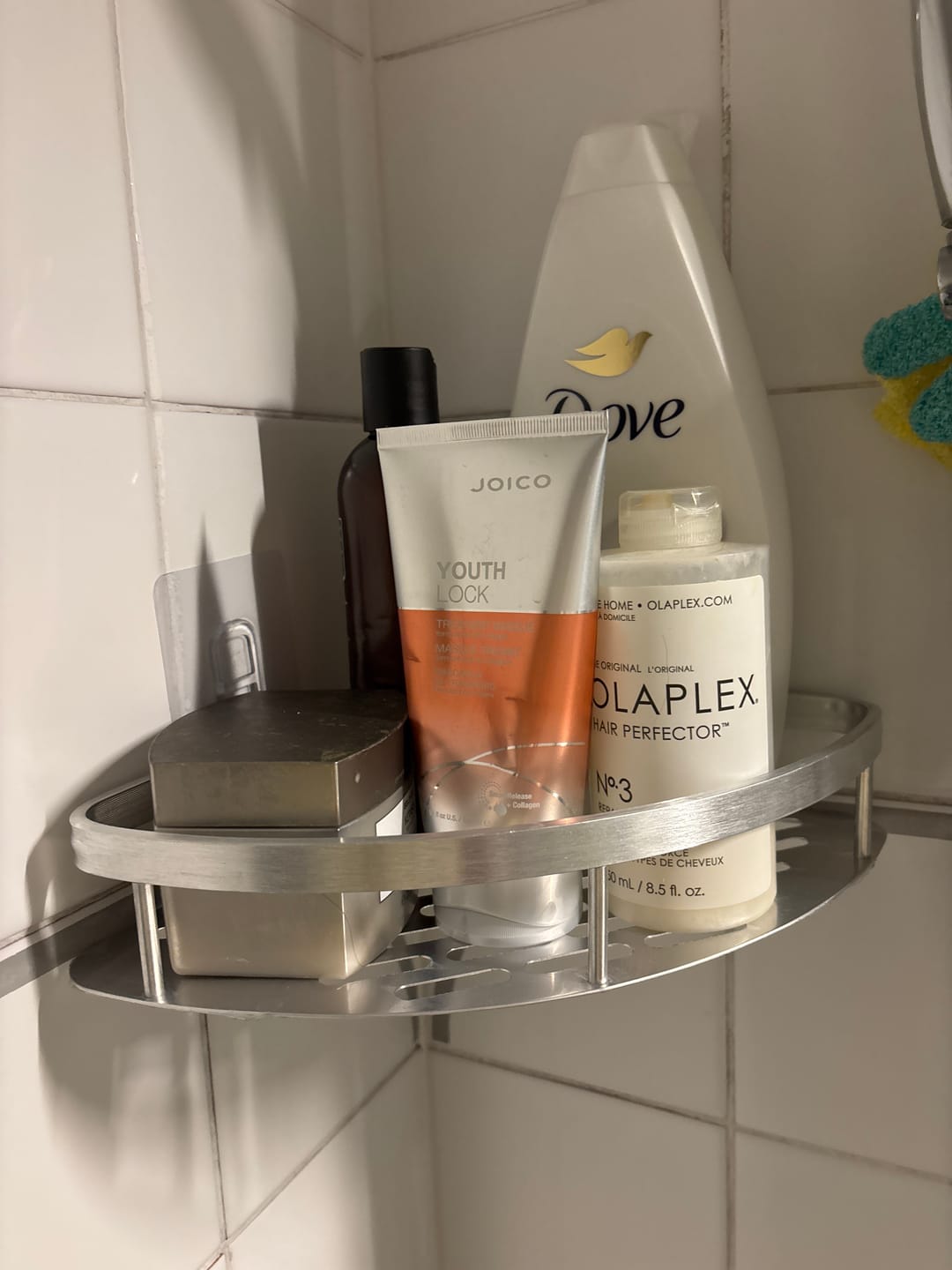 Customer photo review of Aluminium Corner Bathroom Shelf – Adhesive Triangle Shampoo Holder (Silver, 2pcs)