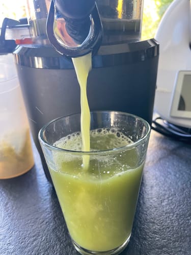 Reviewer's Stangensellerie Bio Sparpreis-Box processed into a fresh, green vegetable juice filling a glass.