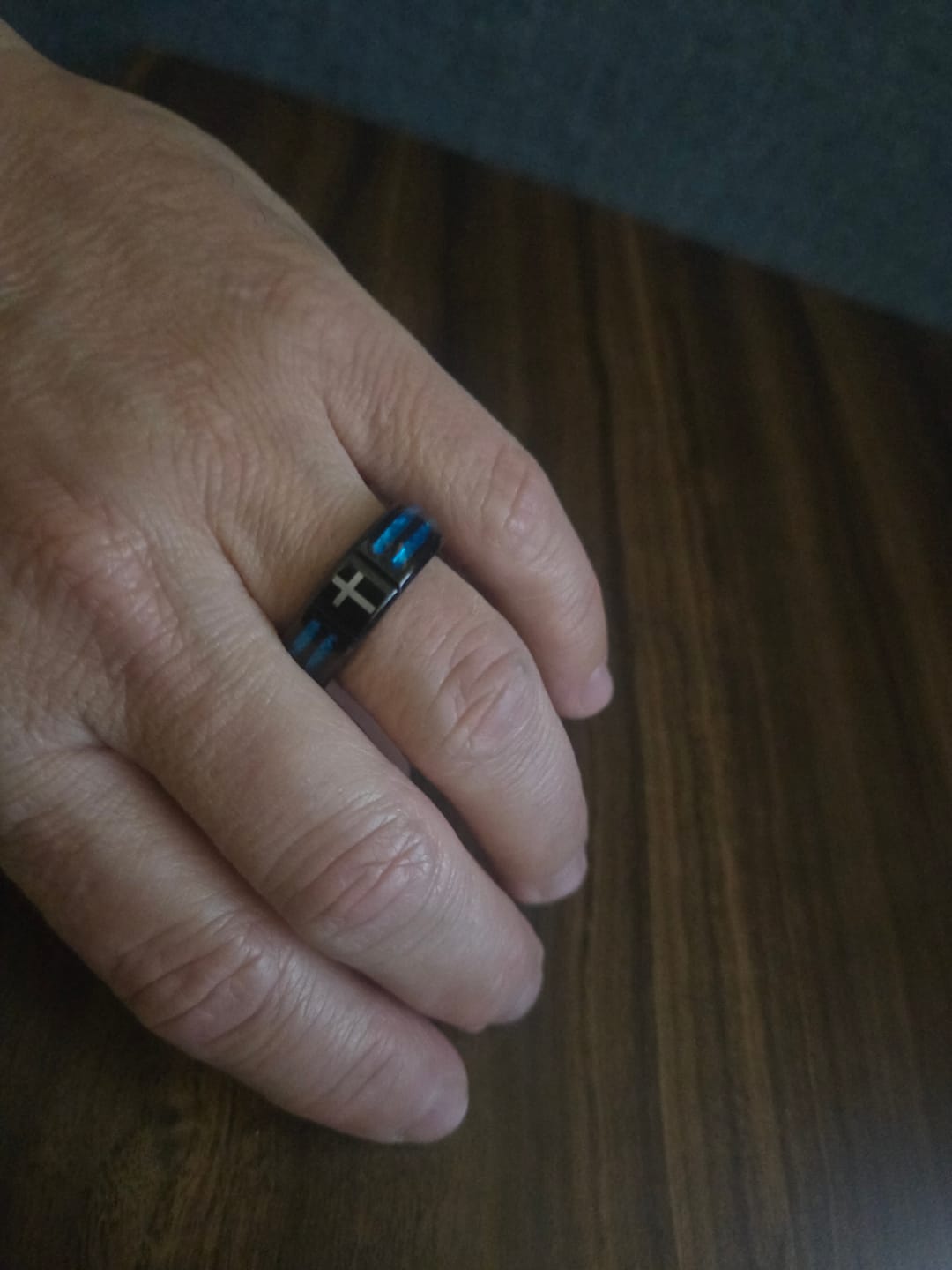 Customer photo review of FREE Today: Modern Titanium Steel Cross Ring with Laser Blue Inlay: Serenity in Christ's Blue Light