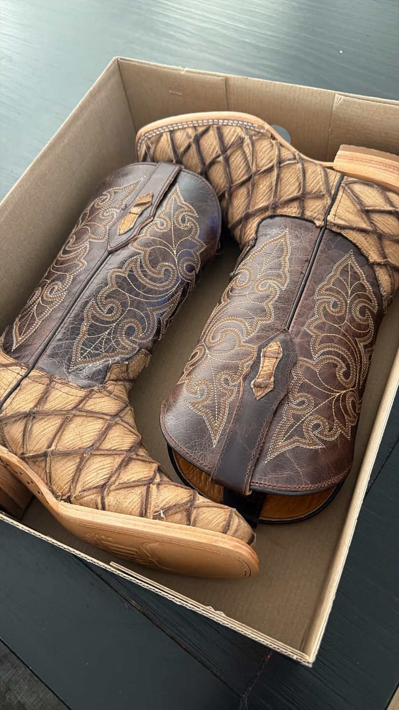 Customer photo review of Matte Tan Pirarucu Leather Boots - Square Toe