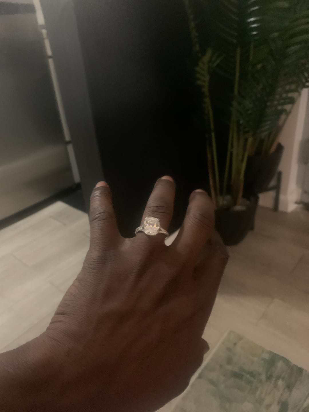 Customer photo review of S925 7.0Ct/4.0Ct Split Shank Cushion Cut Engagement Ring 18K White Gold Plated Travel Rings with Pavé Accents