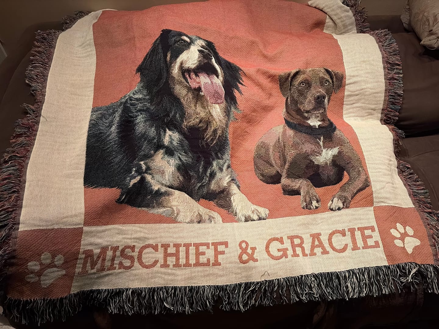 Customer photo review of Custom Pet Portrait Monogram Throw Blanket