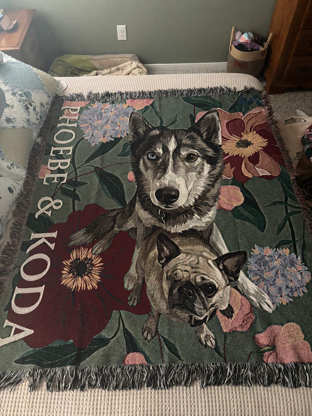 Customer photo review of Heirloom Pet Throw Blanket - Green Floral