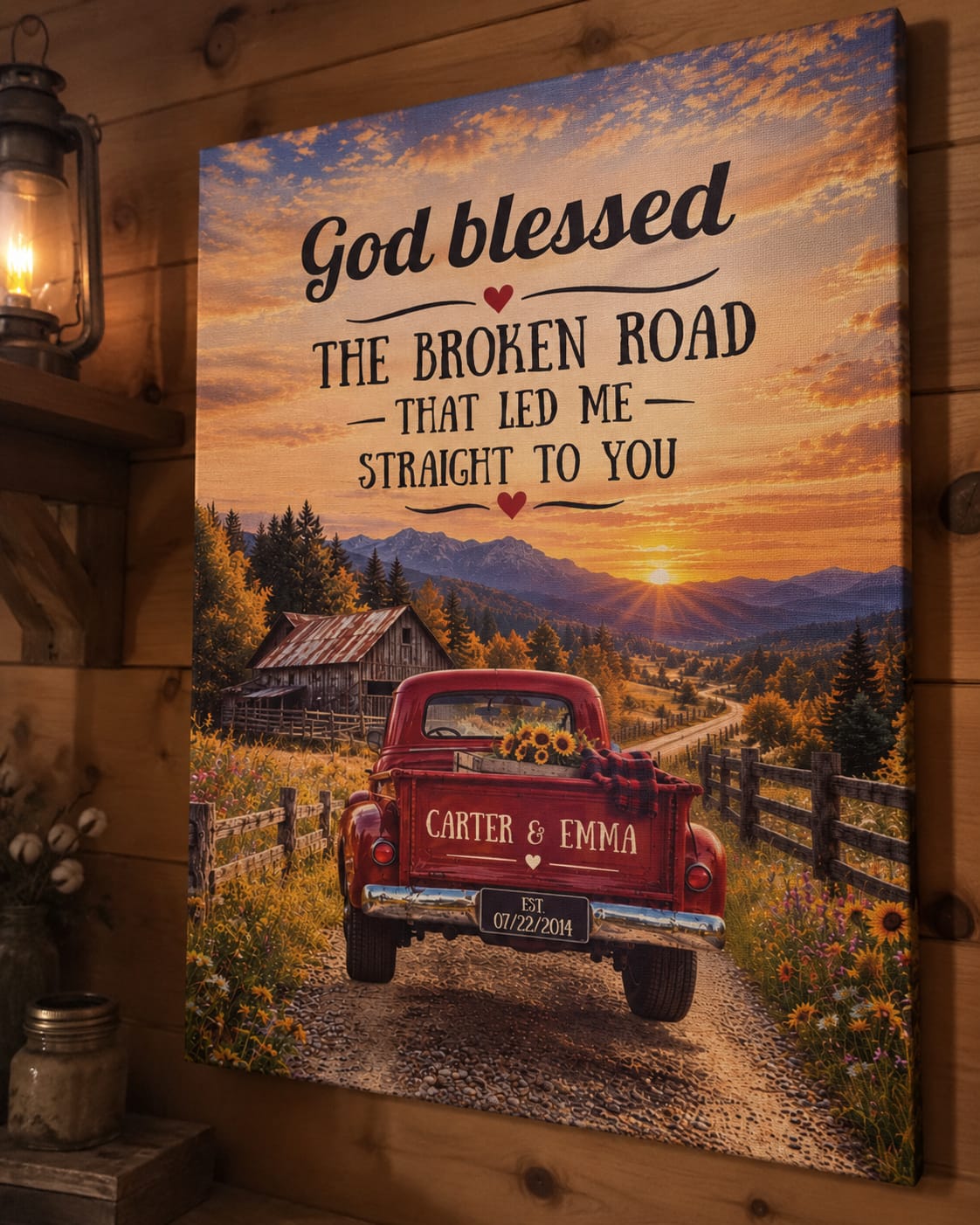 Customer photo review of "God Bless The Broken Road," Personalized Couple Canvas Wall Art