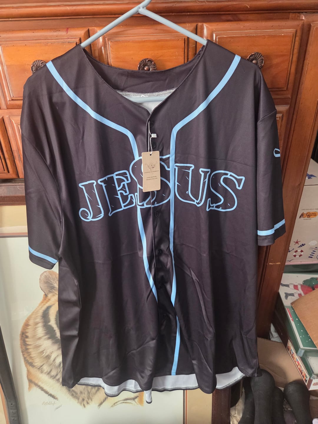 Customer photo review of Christianartworkshop Jesus Cross Nail and Crown of Thorns Baseball Jersey