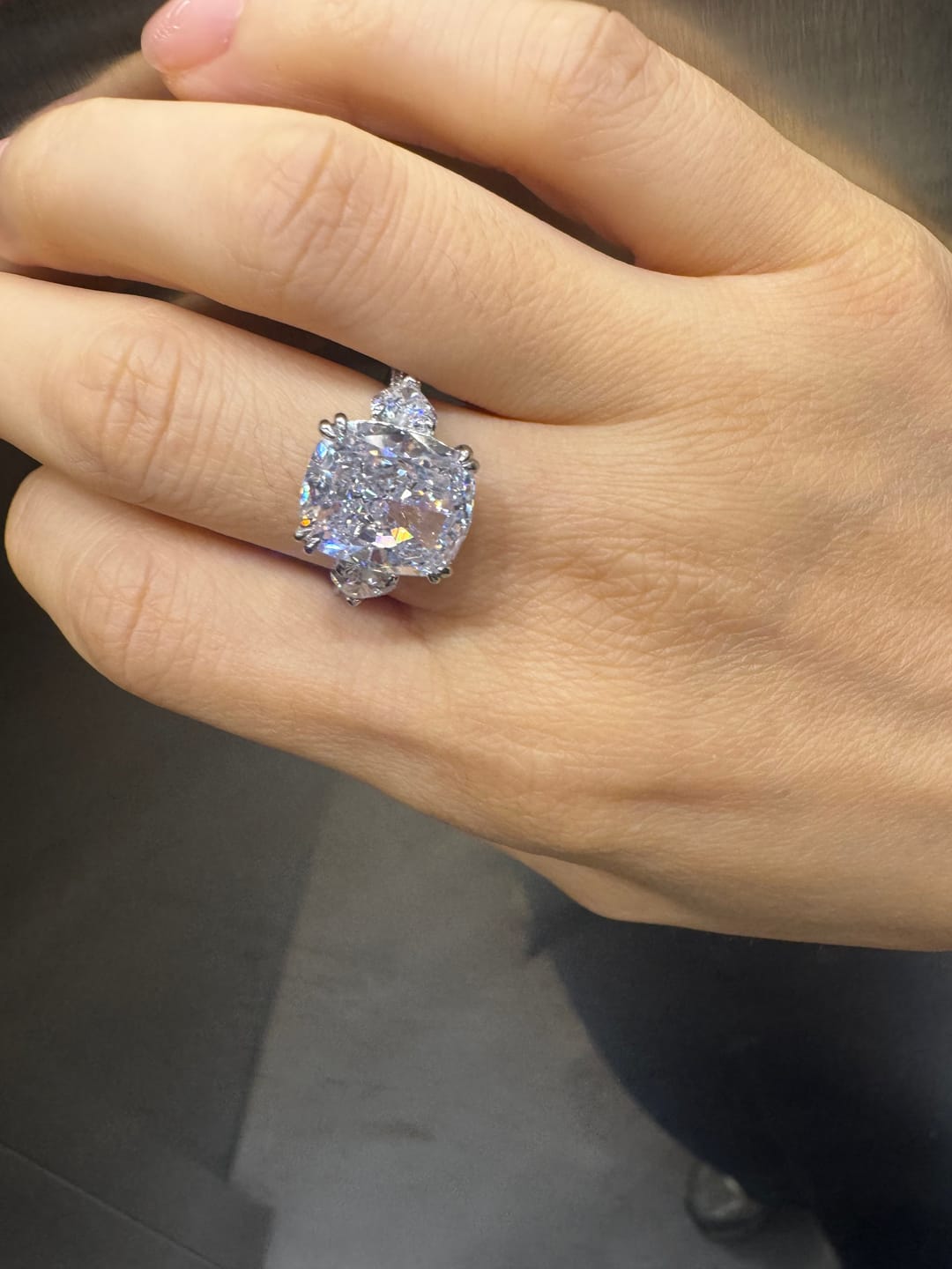 Customer photo review of S925 6.0Ct Cushion Cut Three Stone Engagement Ring Simulated or Moissanite Diamond Bridal Rings For Women