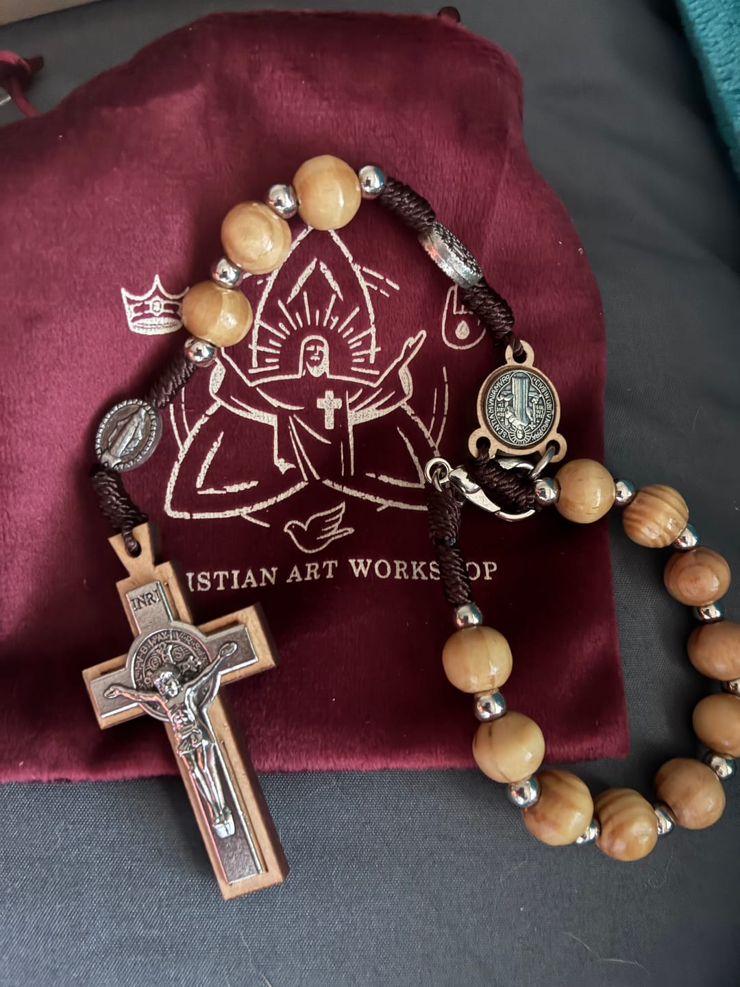 Customer photo review of FREE Today: Cord Wood Crucifix Rosary Bracelet: Graceful Token of Quiet Prayerful Peace