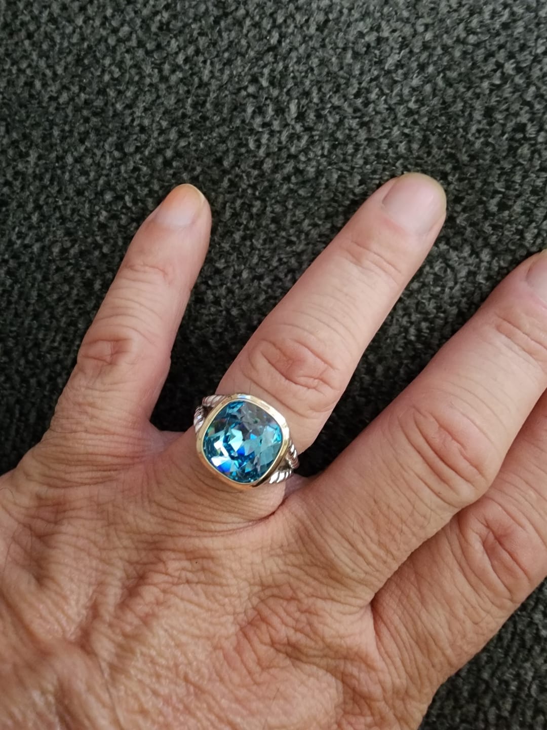 Customer photo review of Created With Swarovski® Crystals - Cushion Modified Brilliant Cut Aquamarine Color Classic Engagement Ring Two-Tone Plating