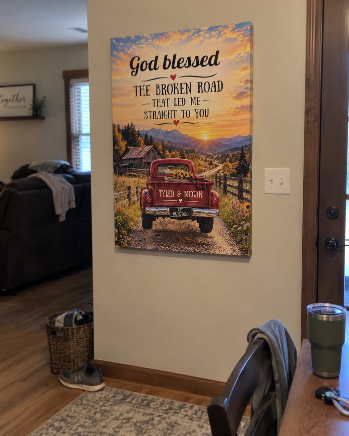 Customer photo review of "God Bless The Broken Road," Personalized Couple Canvas Wall Art