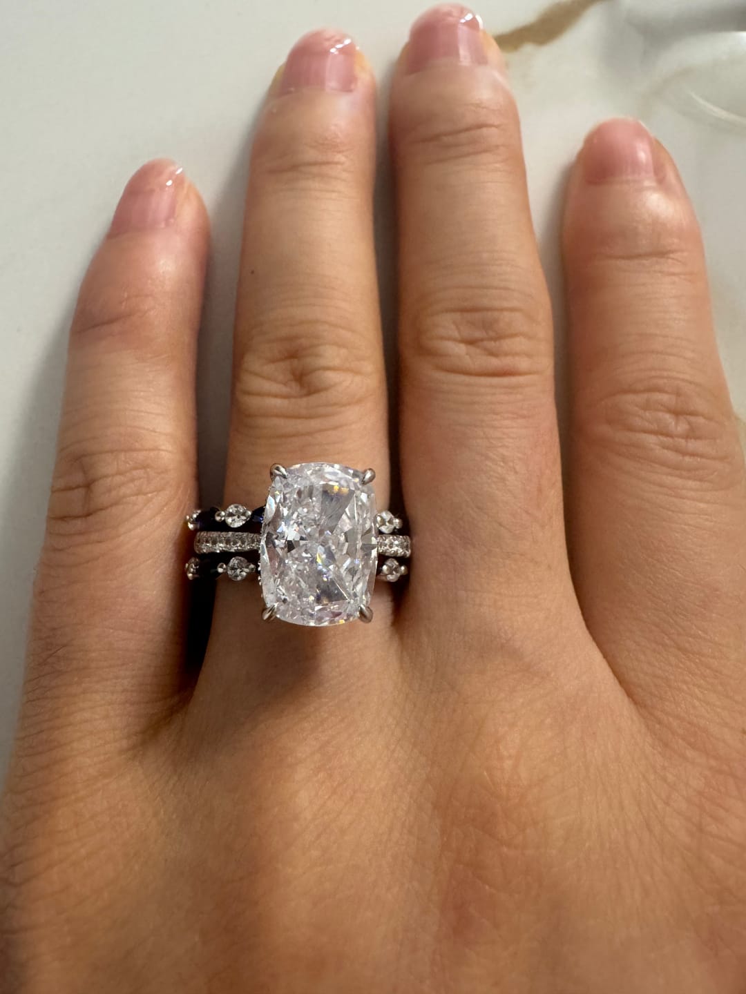 Customer photo review of S925 6.5Ct Cushion Cut Insert Wedding Ring Set With Unique White & Blue/Red Stone Engagement Ring Enhancer