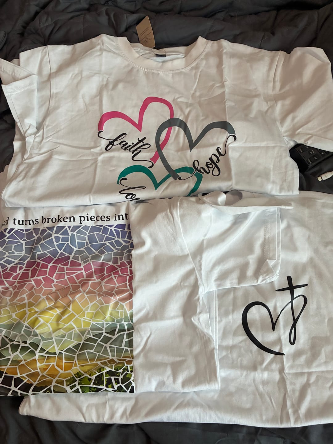 Customer photo review of Christianartworkshop Faith Hope Love Christian Heart Design Unisex T-shirt for Believers