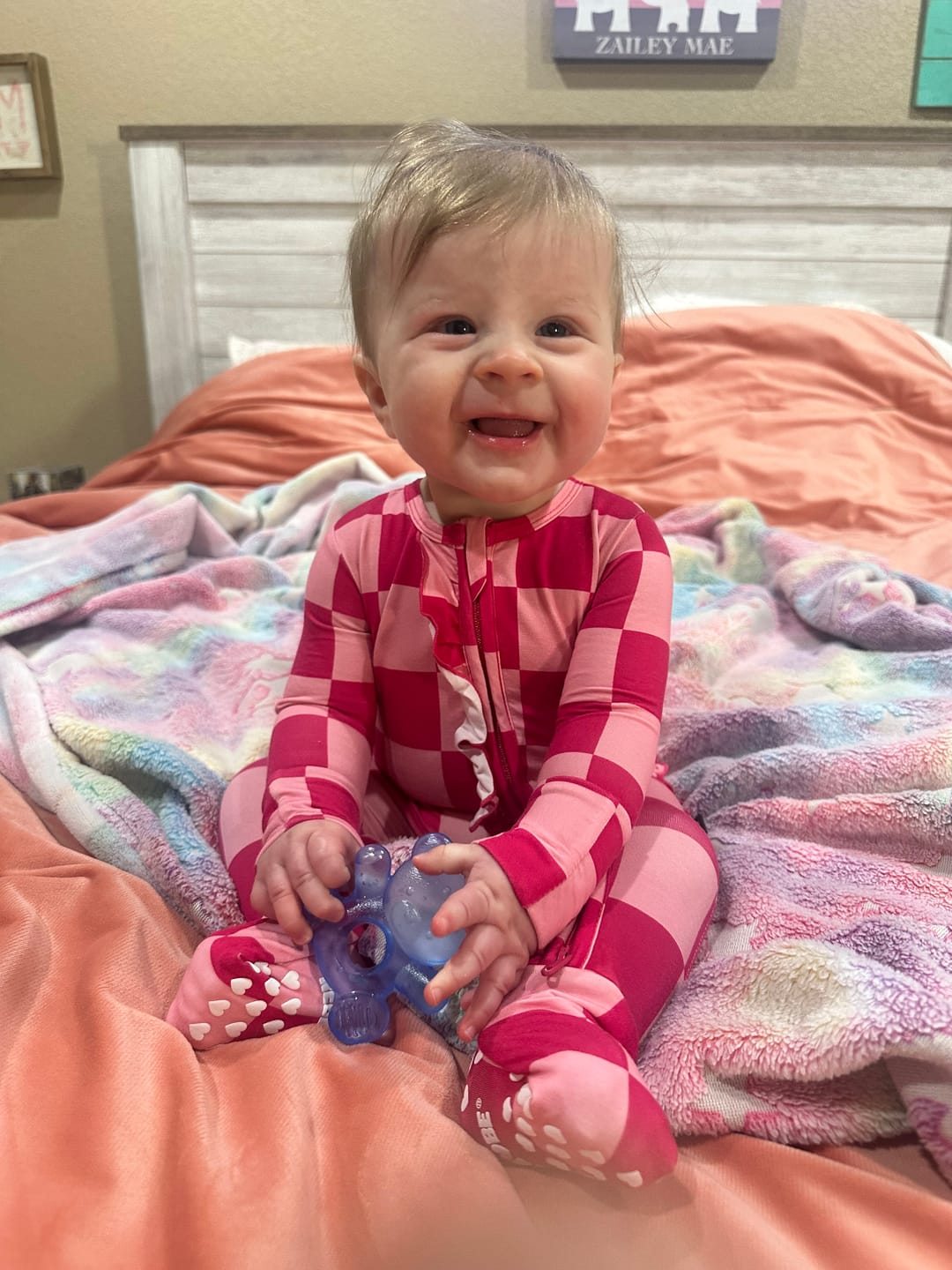 Customer photo review of Ruffled Bamboo Zippy Sleeper in Bubble Gum Checkered