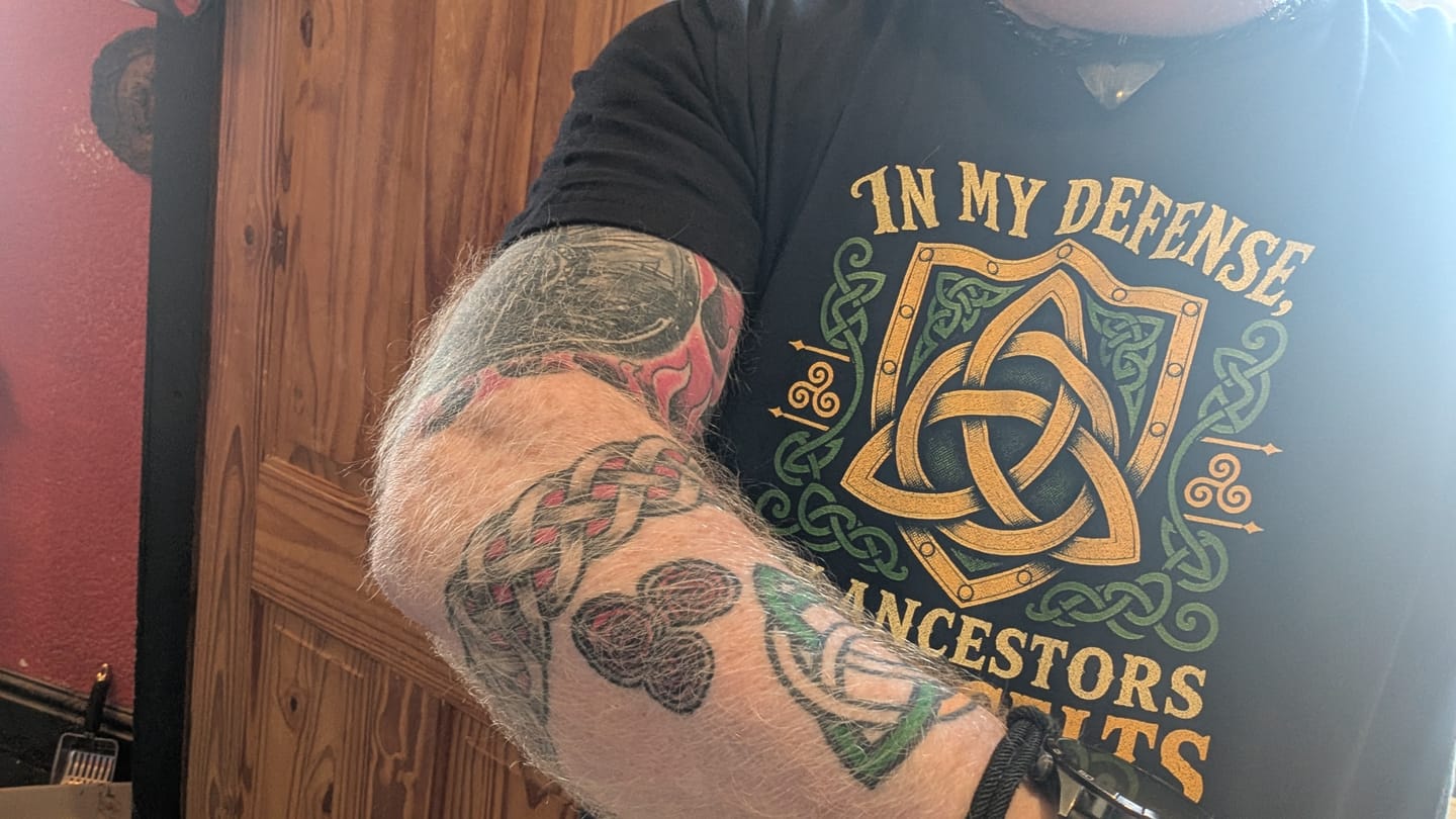 Customer photo review of In My Defense My Ancestors Were Celts Shield T-Shirt