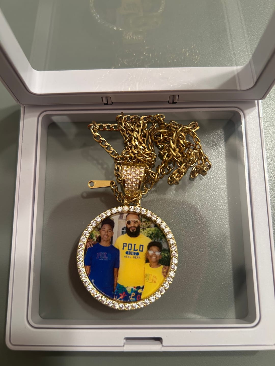 Customer photo review of Iced Circle Photo Pendant