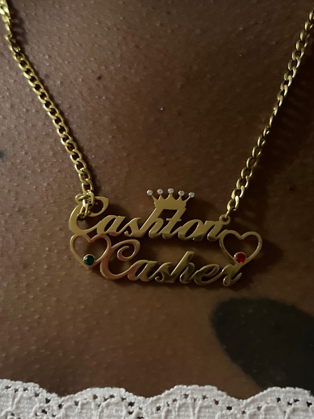 Customer photo review of Double Heart Name Necklace w/ Cuban Chain