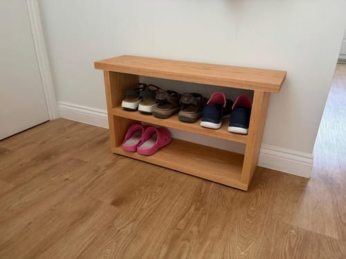 Customer photo review of Shoe-Rack Entryway Bench — Open-Shelf Solid Wood Hallway Storage Bench & Console, Walnut