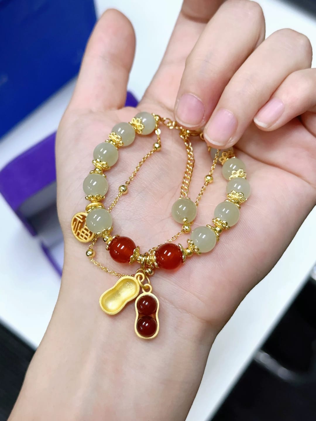 Customer photo review of FuAttract Good Fortune & Prosperity Hetian Jade Peanut Charm Double Layer Luck Bracelet