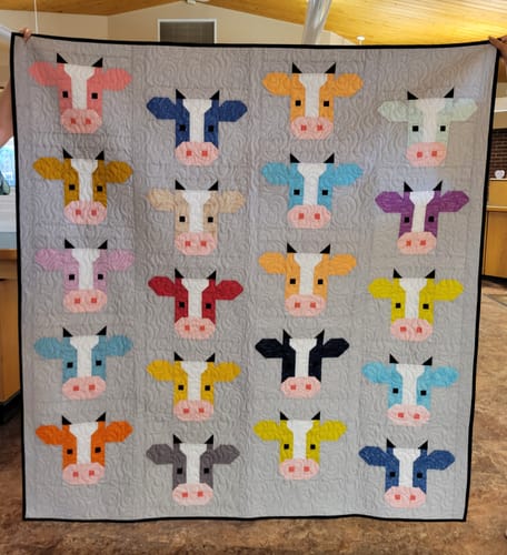 Customer's completed Missing Pieces quilt, displaying colorful cow-shaped fabric blocks on a grey background.