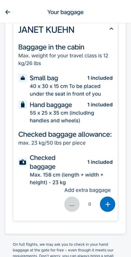 Reviewer's screenshot of airline baggage requirements comparing carry-on dimensions to their travel needs.