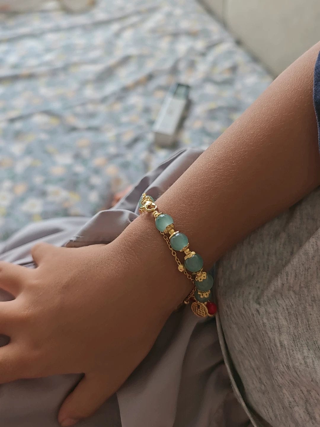 Customer photo review of FuAttract Good Fortune & Prosperity Hetian Jade Peanut Charm Double Layer Luck Bracelet