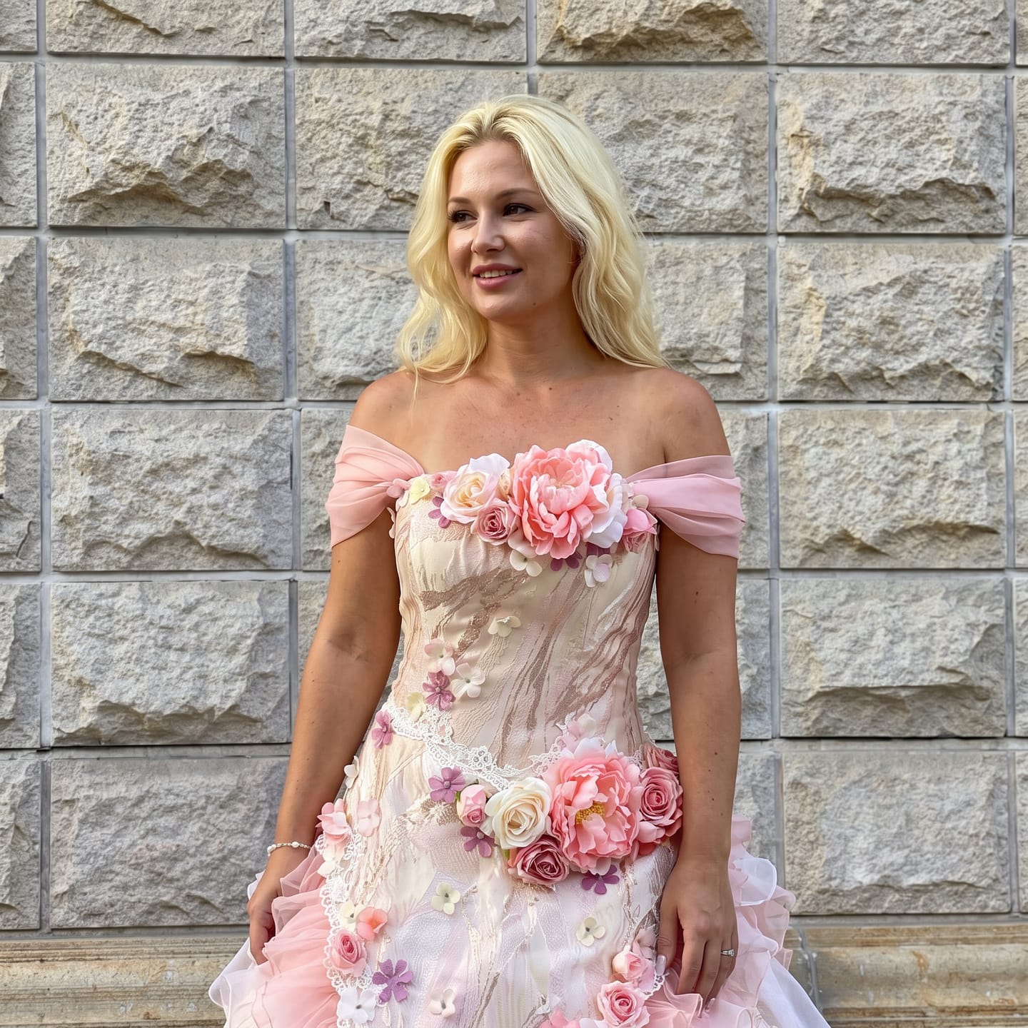 Customer photo review of Pink Rococo Ball Gown Tiered Ruffle Dress with Lace Corset and Floral Appliqué Plus Size