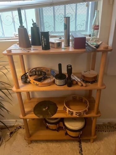 Customer photo review of Open-Frame Solid Wood Walnut Bookshelf, Freestanding 4-Tier Room Divider Display Shelving