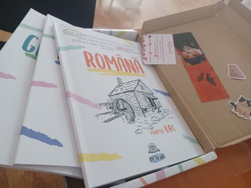 Reviewer's set of three Bacademia Bacalaureat books for Romanian, History, and Geography inside an open delivery box.