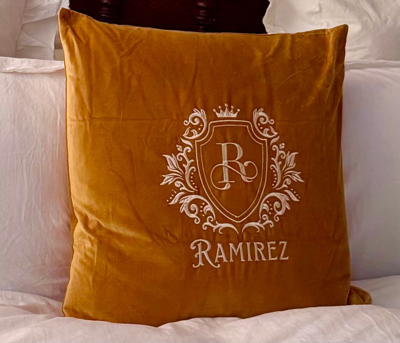 Customer photo review of Personalised Embroidered Velvet Cushion Cover 50x50cm