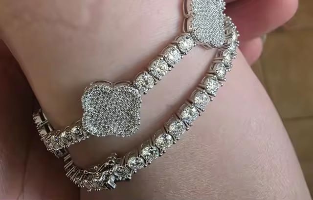 Customer photo review of Iced Out Moissanite Tennis Bracelet, 925 Silver Hip Hop Jewelry, Clover Design