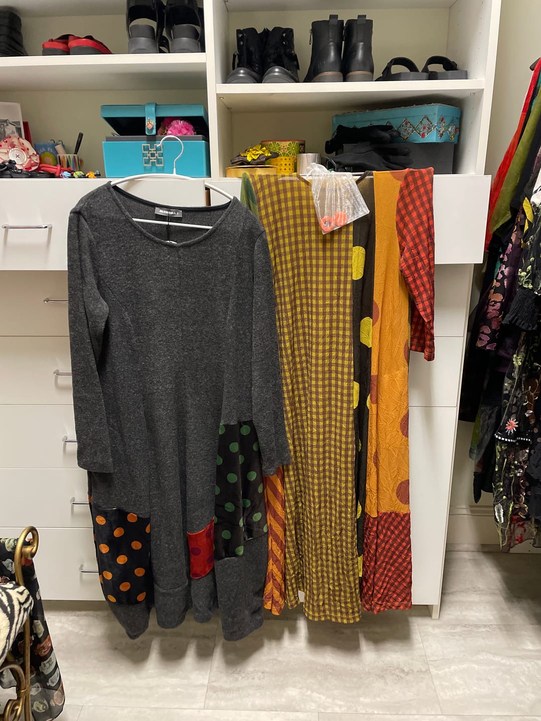 Customer photo review of Moxie Cocoon Dress, Carbon/Dots