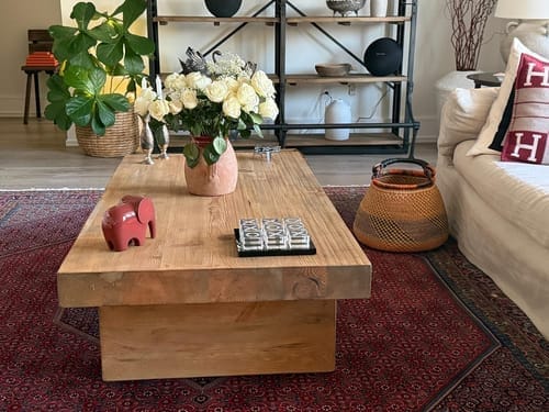 Customer photo review of Chunky Reclaimed Timber Coffee Table, Low Rustic Solid Wood Beam Table with Block Feet