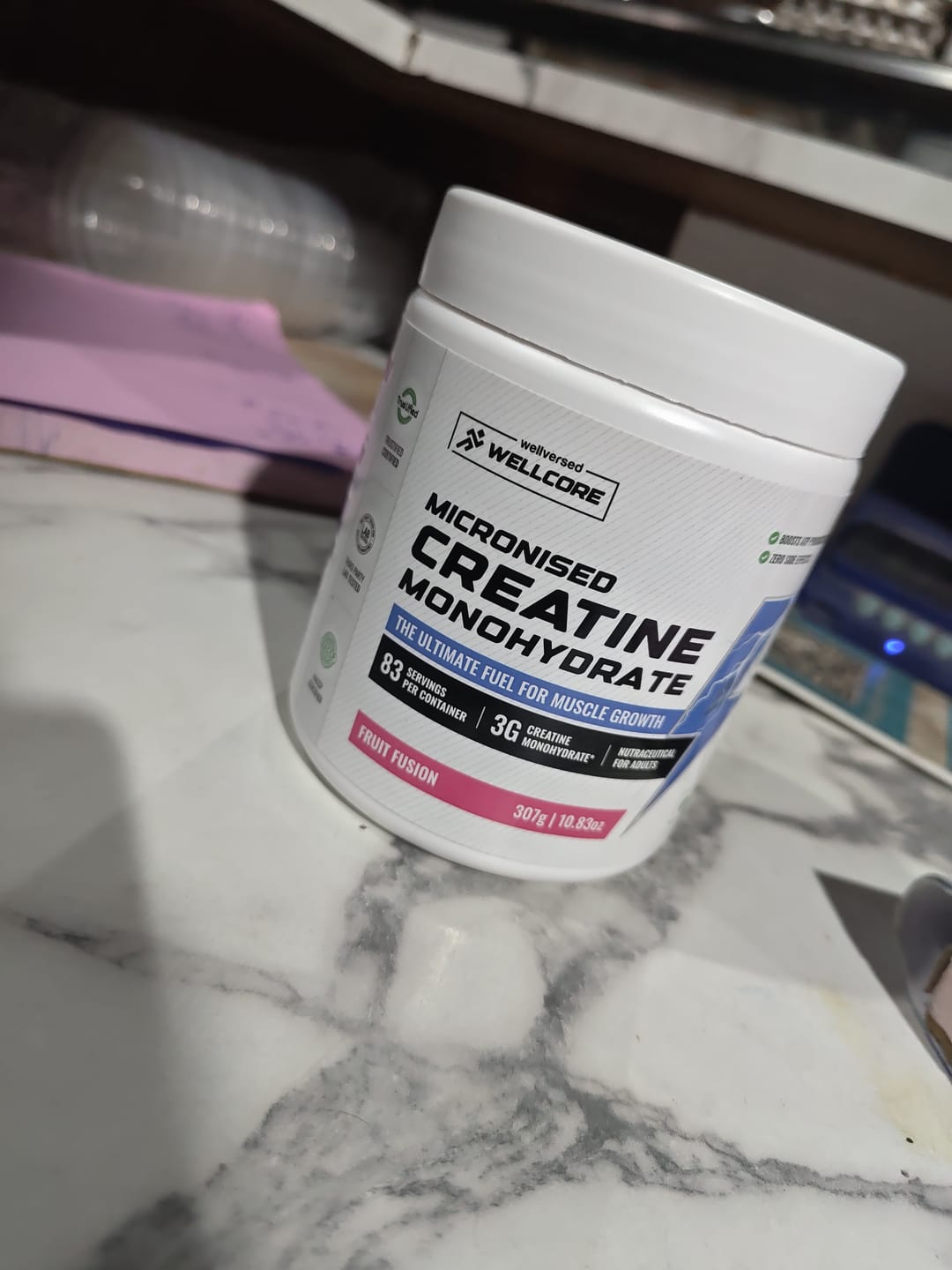 Customer photo review of Wellcore - Micronised Creatine Monohydrate (83 Servings, Fruit Fusion) + Premium Steel Shaker
