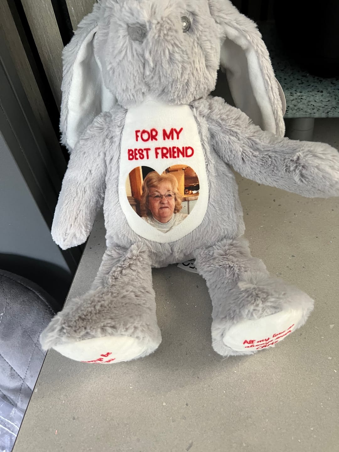 Customer photo review of Design a Personalised Grey Bunny Teddy – Add Your Photo, Name or Message