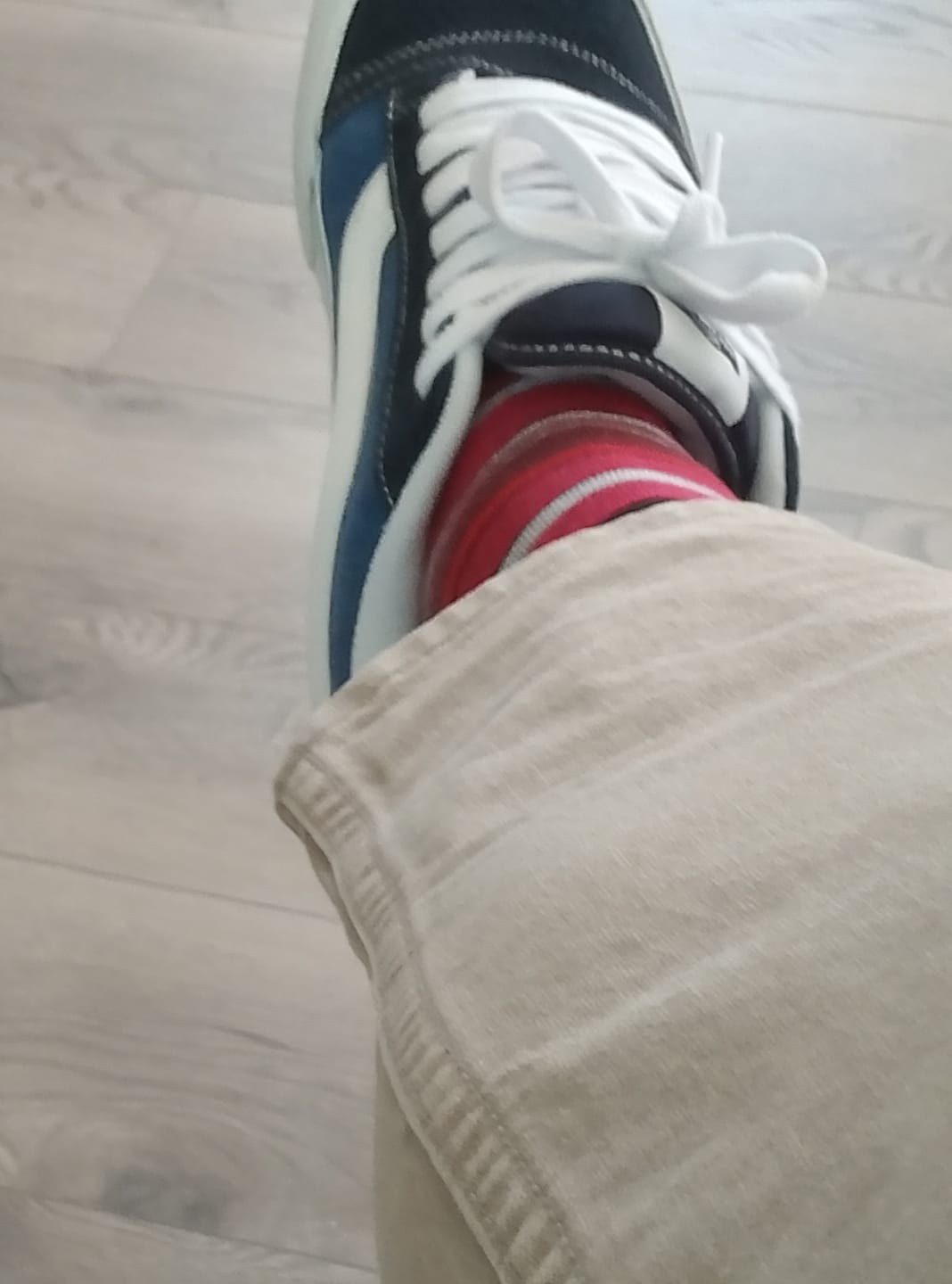 Customer photo review of Pecan, Heathered Blue & White Stripes - A Pecan Brown Sock with a Heathered Blue and White Stripe Pattern