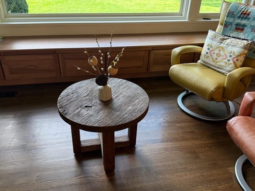 Customer photo review of Round Reclaimed Coffee Table, Low Japandi Solid Wood Center Table with X-Cross Trestle Base