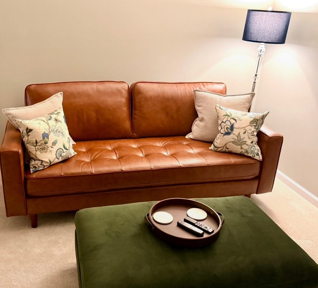 Customer photo review of Holloway Mid-Century Leather Sofa