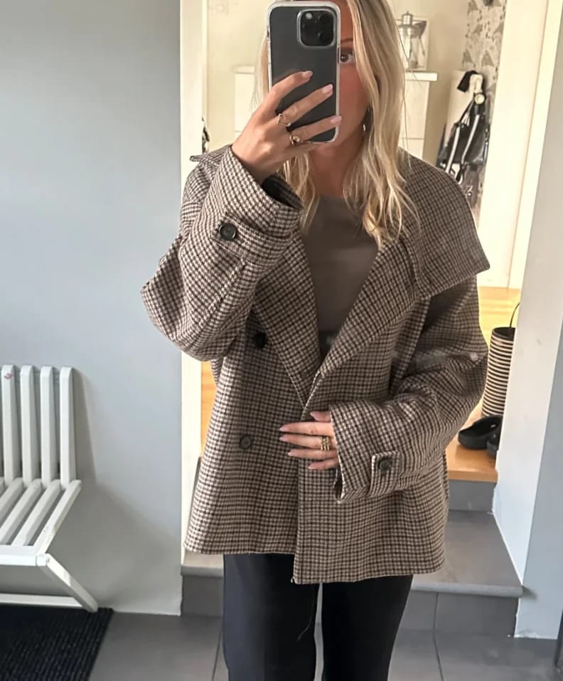 Customer photo review of Ava Funnel Neck Houndstooth Short Jacket