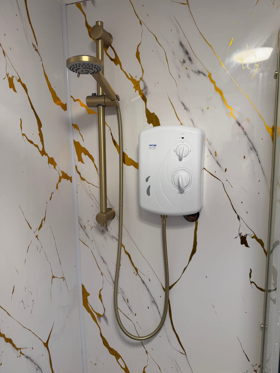 Customer photo review of Premium White Gold Gloss Shower Wall Panel - 1M x 2.4M