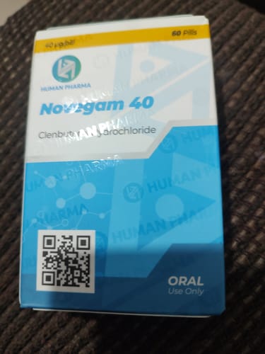 Customer's Human Pharma Novegam Clembuterol 40 product box featuring a white and blue design with a QR code.